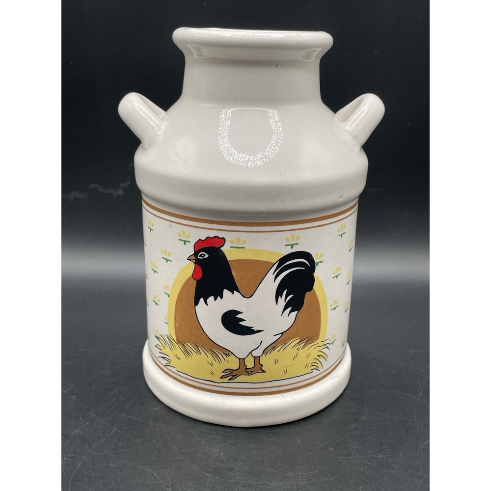 Vintage 6" UCGC Taiwan Ceramic Chicken Country Floral White Milk Can Jug Vase